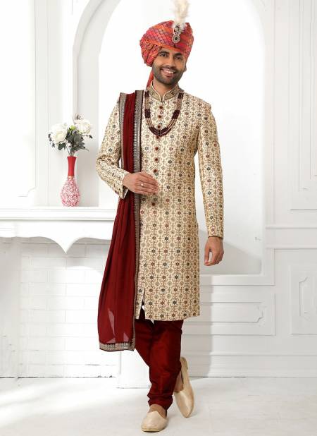 Cream And Maroon Designer Wedding Wear Art Silk Sherwani Collection 1759
